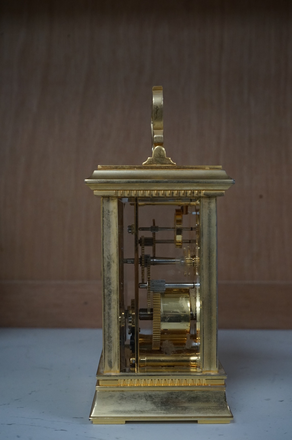 A Mappin and Webb, gilt brass carriage timepiece, 13cm high.